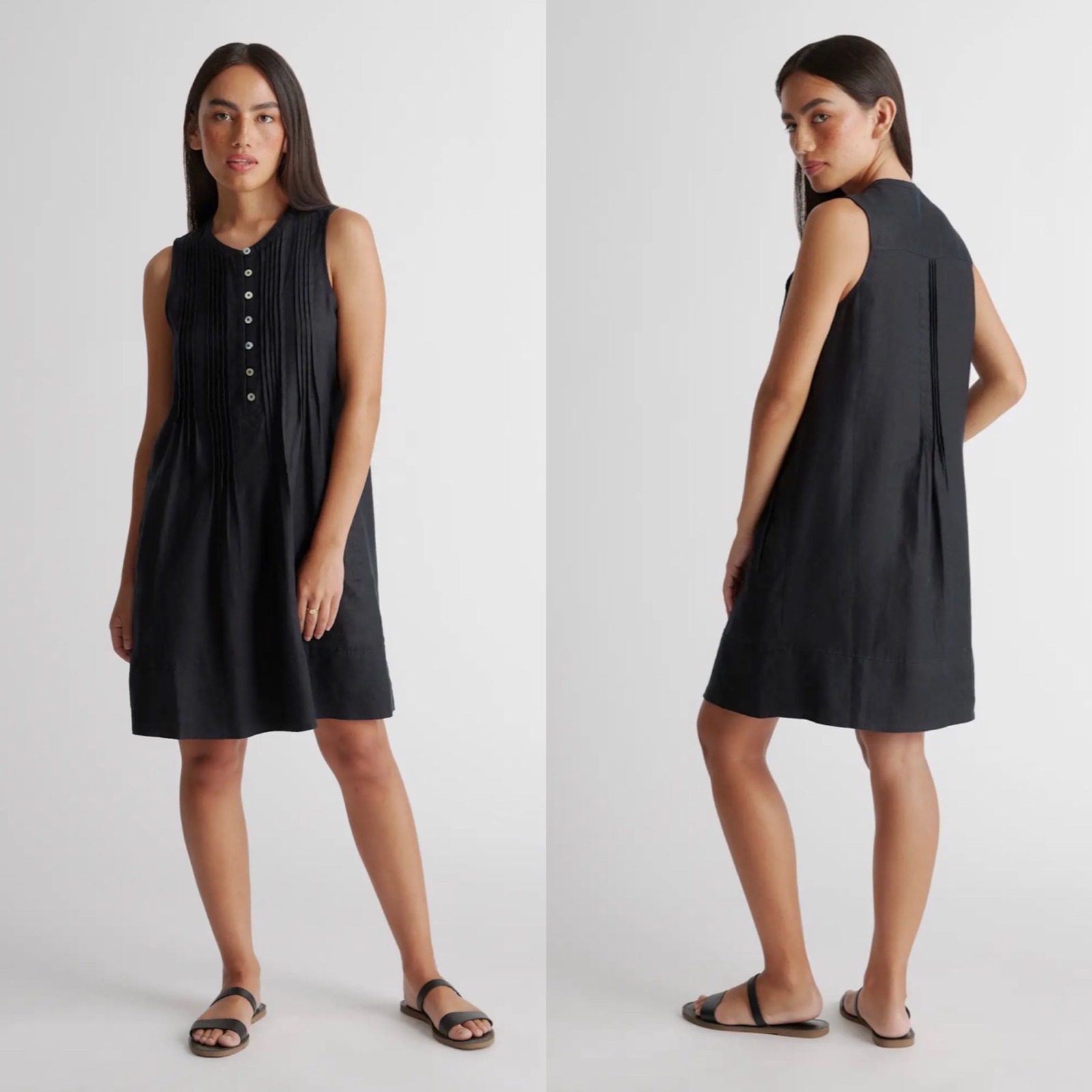 Quince 100% European Linen Sleeveless Swing Midi Dress Black L Casual Minimalist